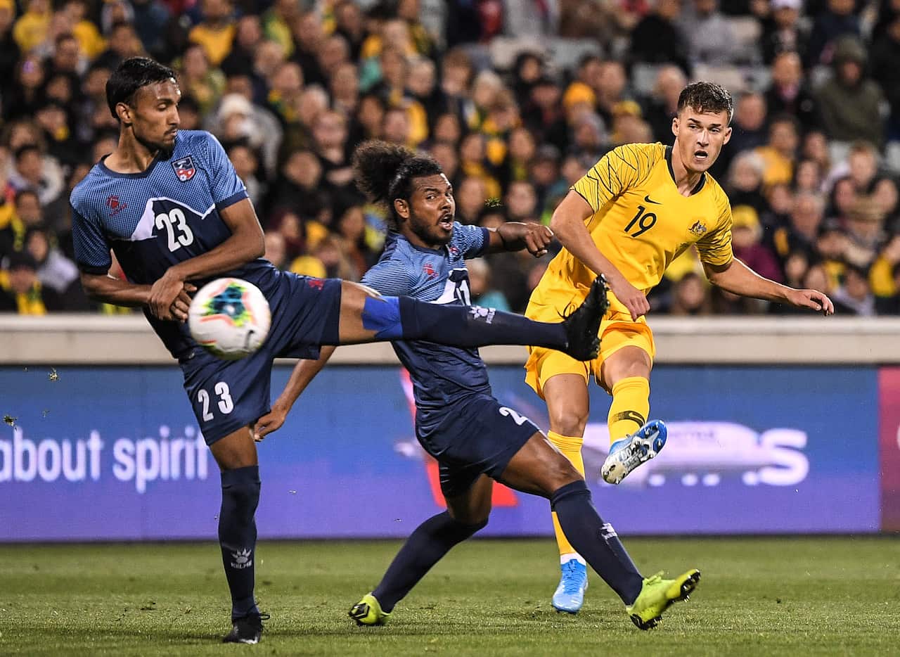 Ajdin Hrustic of Australia shoots during the FIFA World Cup Asian Qualifiers match between the Australian Socceroos and Nepal at GIO Stadium in Canberra, Thursday, October 10, 2019. (AAP Image/James Gourley) NO ARCHIVING, EDITORIAL USE ONLY.