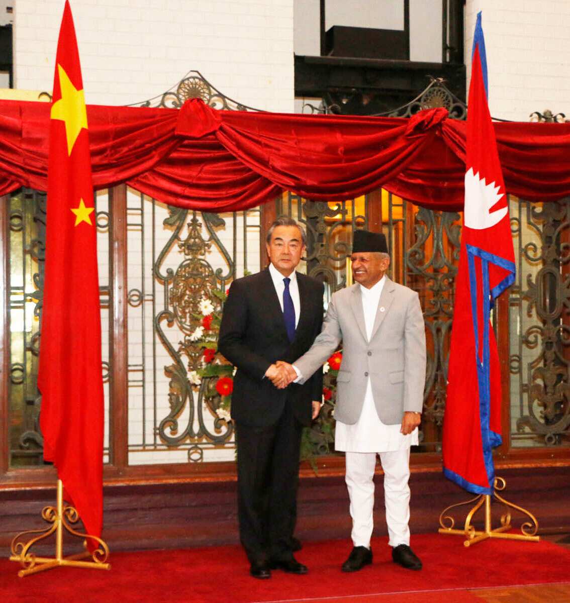 Nepal's foreign minister Pradeep Gyawali meeting his Chinese counterpart Wang Yi in Kathmandu