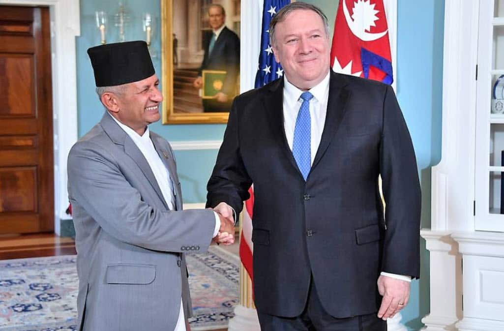 Nepal's Foreign Minister Pradeep Gyawali meeting the US Secretary of State Mike Pompeo in Washington DC in 2018