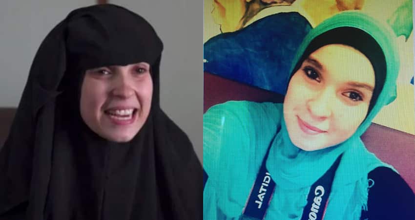 Nisreen Zahab (L) in ISIS camp in Syria, and Nisreen back in Australia (R)