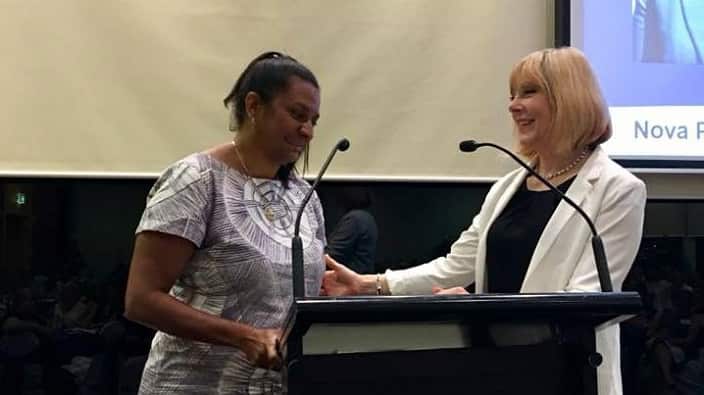 Nova Peris OAM with journalist Jo Pearson at 'Food For Thought' Greek Australian women's network event for 2018 International Women's Day.