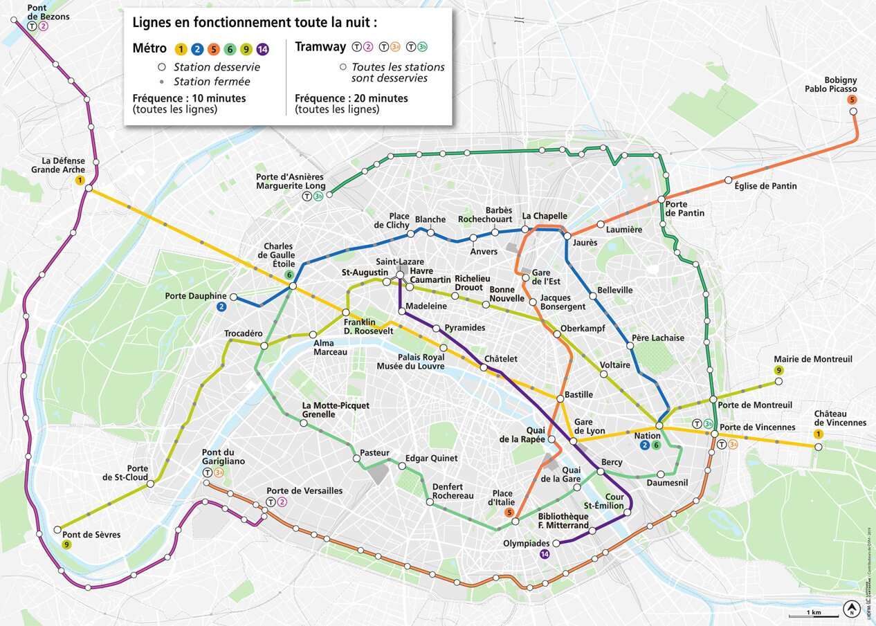La carte des lignes de métro et de tramway ouvertes toute la nuit à Paris