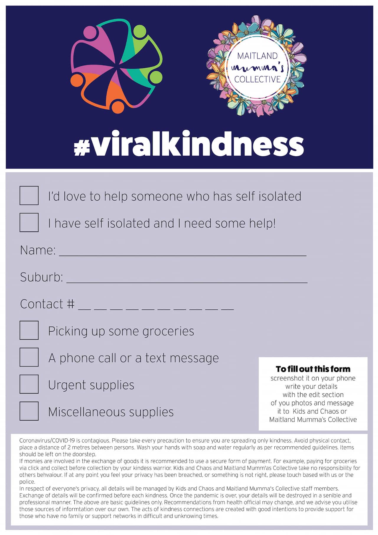 Mẫu đơn các thành viên tình nguyện điền vào về việc giúp đỡ những người đang tự cách ly trong nhóm Kids&Chaos