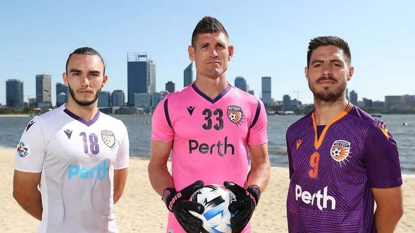 Perth Glory players show off the club's Asian Champions League uniforms. 