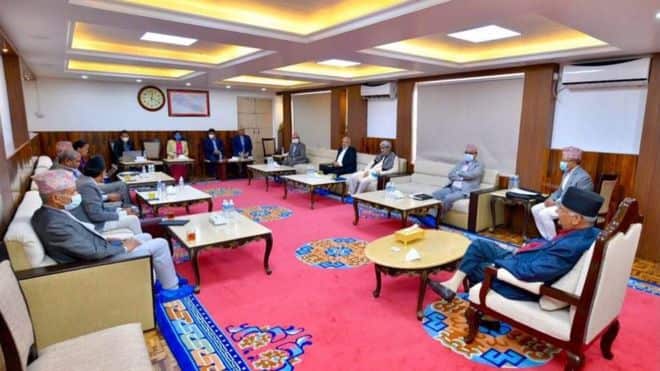 Nepal PM KP Sharma Oli leading a meeting in Kathmandu