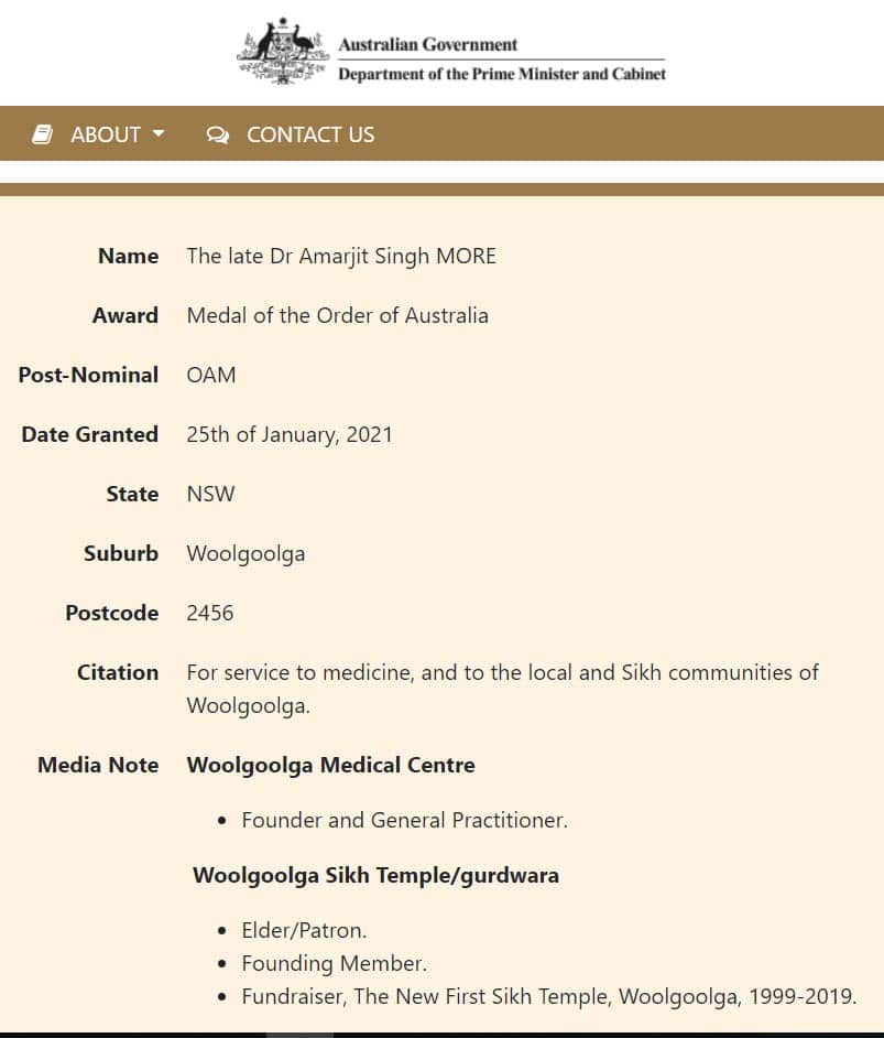 Dr More's award citation on the Prime Minister and Cabinet website.