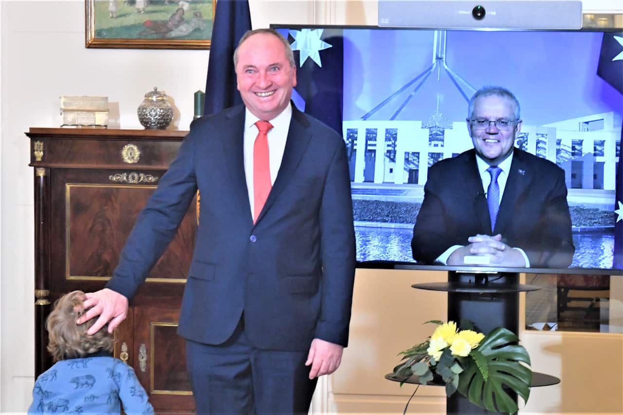 Nationals leader and Deputy Prime Minister Barnaby Joyce, and Prime Minister Scott Morrison in quarantine after a swearing-in ceremony at Government House in Canberra, Tuesday, June 22, 2021. (AAP Image/Mick Tsikas) NO ARCHIVING