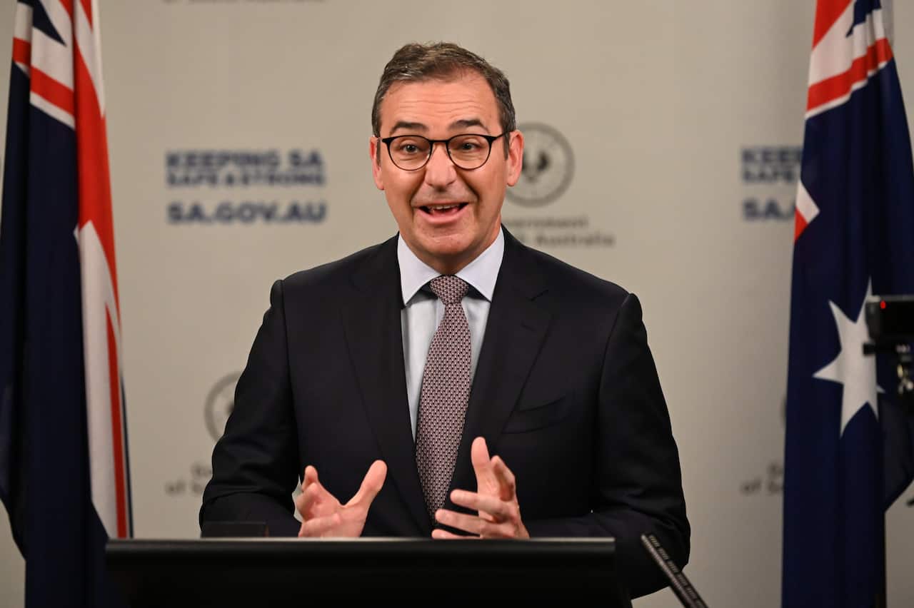 South Australia Premier Steven Marshall speaks to the media during a press conference in Adelaide, Tuesday, July 27, 2021. (AAP Image/Pool, Naomi Jellicoe) NO ARCHIVING