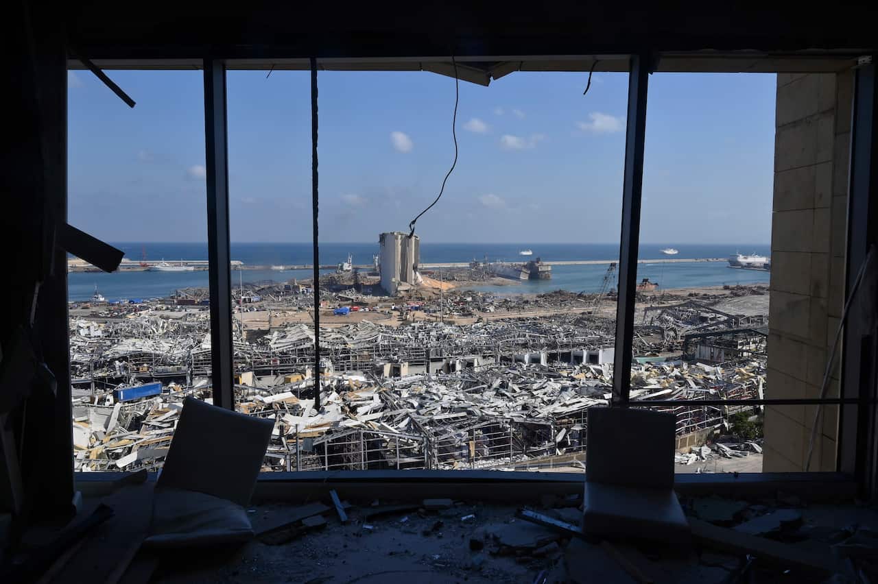 A picture taken from inside a damaged building shows the destroyed port area in the aftermath of a massive explosion in downtown Beirut, Lebanon, 06 August 2020 (reissued 02 August 2021). A massive blast on 04 August 2020 rocked Beirut's port in which at 