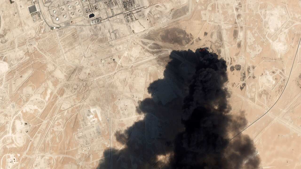 satellite image from Planet Labs Inc., shows thick black smoke rising from Saudi Aramco's Abqaiq oil processing facility in Saudi Arabia.