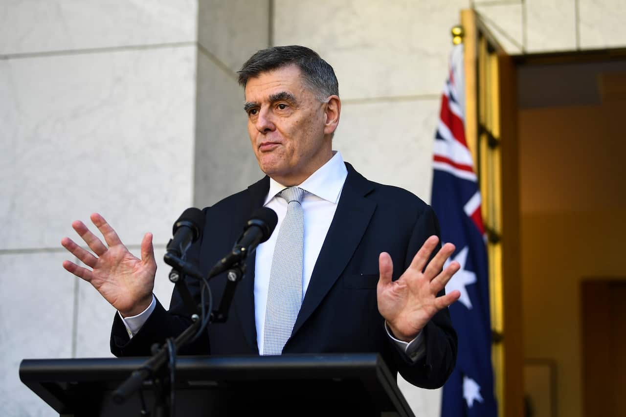 Australia's Chief Medical Officer Brendan Murphy speaks to the media during a press conference at Parliament House in Canberra, Wednesday, March 18, 2020. (AAP Image/Lukas Coch) NO ARCHIVING