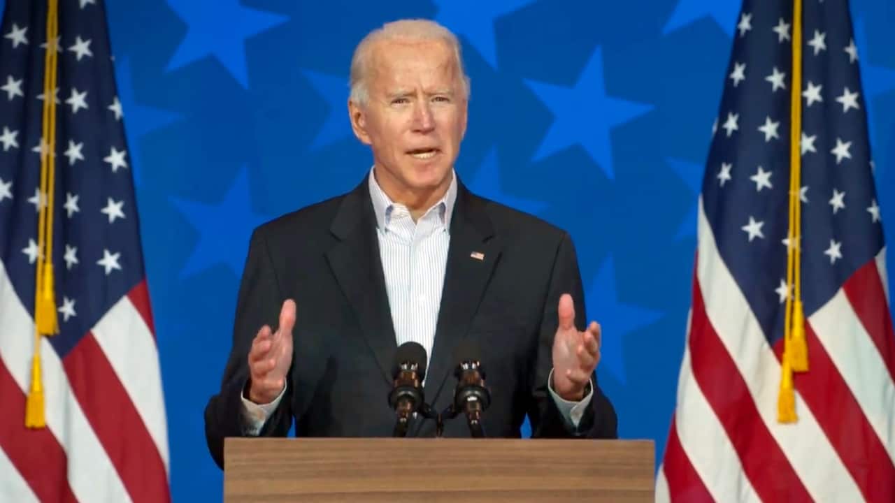 In this image from the Biden Campaign video feed, former United States Vice President Joe Biden, the 2020 Democratic Party nominee for President of the US, makes remarks on the continuing vote count in several states, from the Queen Theatre in Wilmington,
