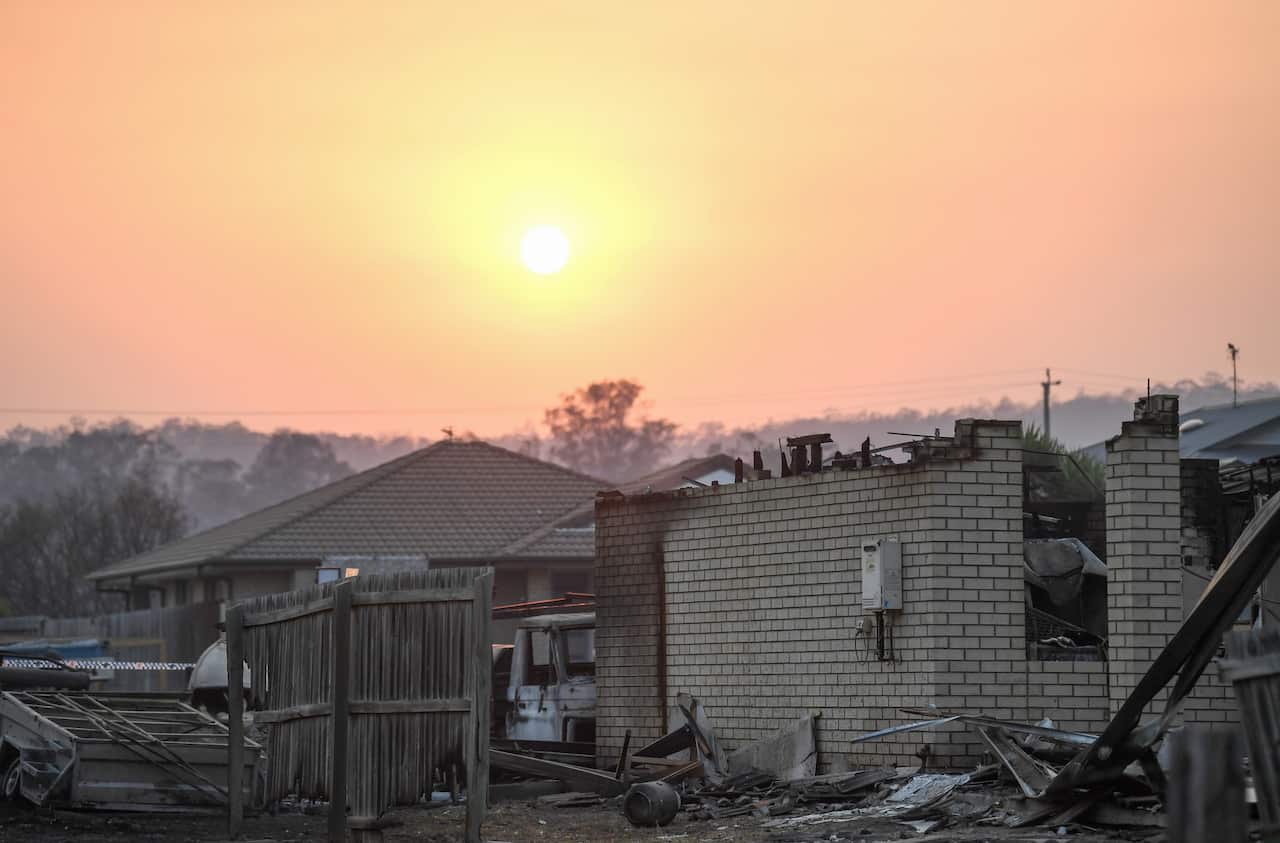 A house burnt down by bushfires is seen in Laidley, southeast Queensland, Wednesday, October 9, 2019. (AAP Image/Scott Davis) NO ARCHIVING