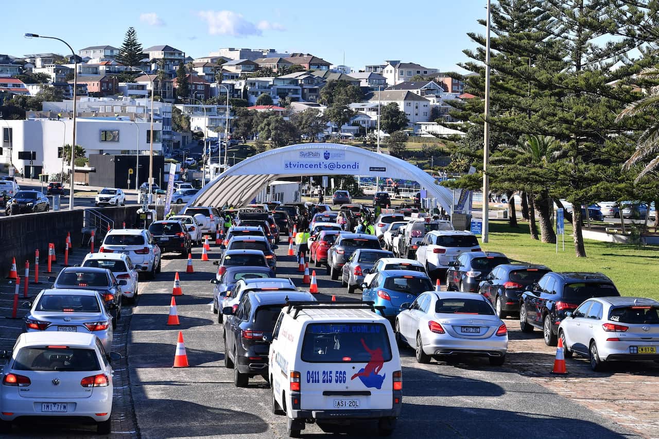 Cars line up for Covid-19 testing at Bondi in Sydney, Thursday, June 17, 2021. 