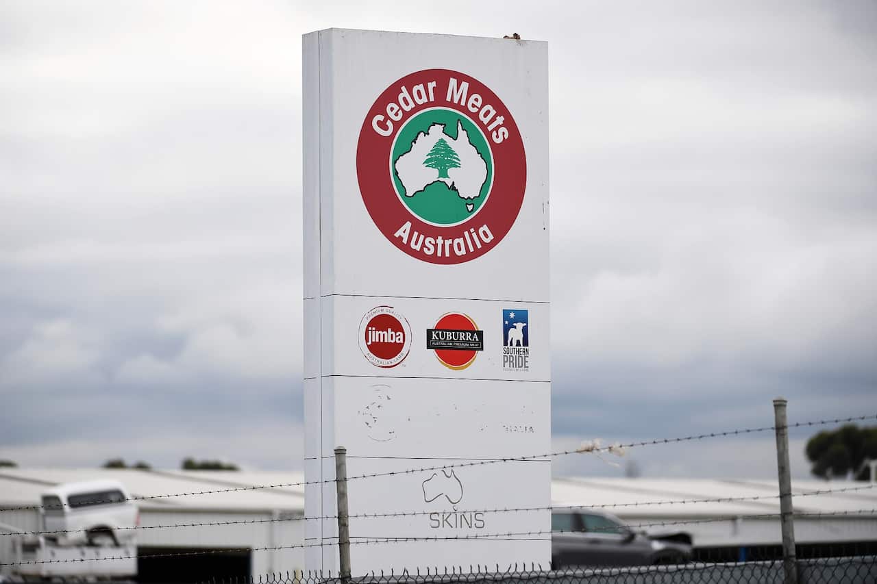 Signage for Cedar Meats Australia is seen in Melbourne, Monday, May 4, 2020. Victoria has recorded 19 new COVID-19 cases connected to a cluster at Cedar Meats, a meat processing facility. (AAP Image/James Ross) NO ARCHIVING