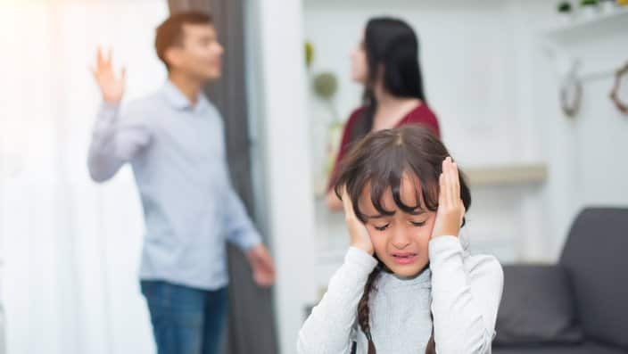 Frustrated of little girl is disaster in argument of mother and father in family conflict