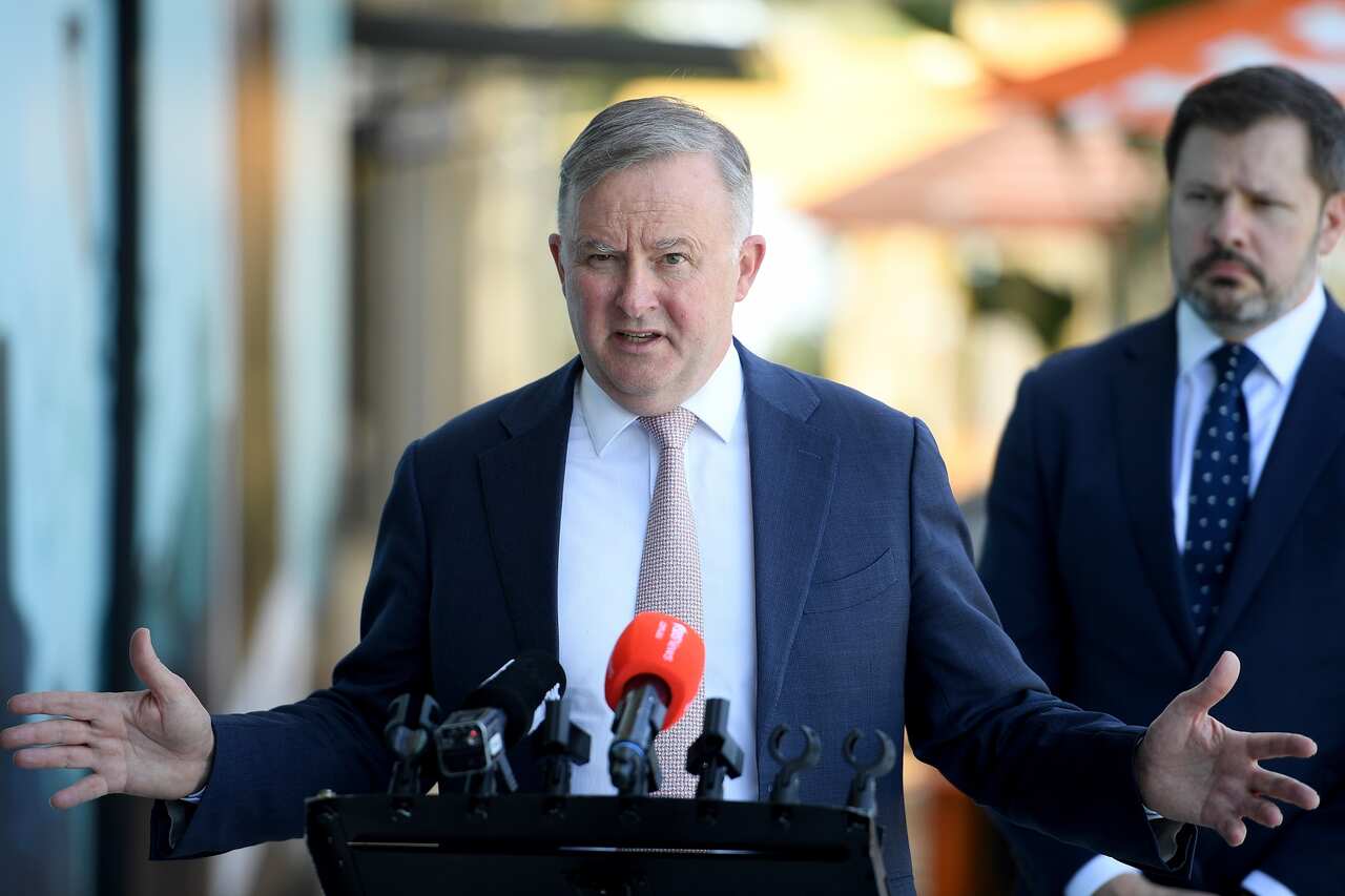 Federal opposition leader Anthony Albanese and Member for Chifley Ed Husic (right) speak with media after visiting workers at Woolworths Eastern Creek Quarter, in Sydney, Wednesday, September 16, 2020. (AAP Image/Dan Himbrechts) NO ARCHIVING