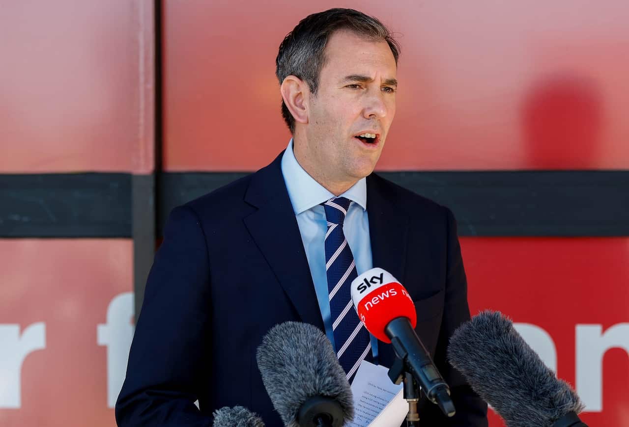 Federal Treasurer Jim Chalmers speaks to media during a press conference in Logan, Queensland, Tuesday, June 21, 2022. (AAP Image/Russell Freeman) NO ARCHIVING