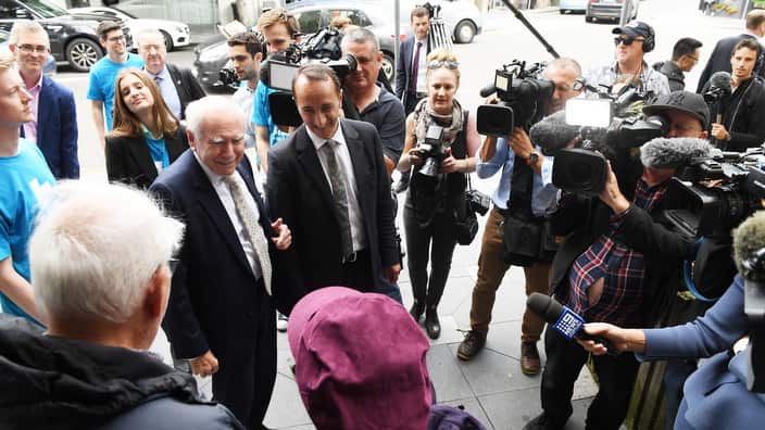 Former prime minister John Howard campaigning with the Liberal candidate for Wentworth Dave Sharma ahead of this weekend's by-election 
