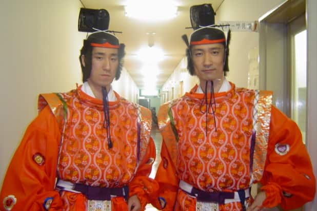 Canberra-based Japanese gagaku (ancient Japanese court music) musician Yukihiro Doi (left) with Japanese star gagaku musician Hideki Togi. 