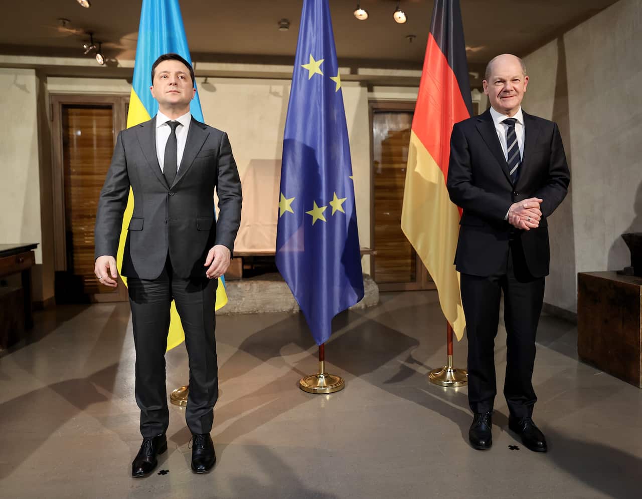 German Chancellor Olaf Scholz (R) and Ukrainian President Volodymyr Zelensky at the 2022 Munich Security Conference in Munich, Germany, 19 February 2022.  