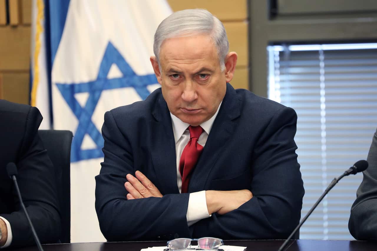 Israeli Prime Minister and leader of Likud Party Benjamin Netanyahu during an extended faction meeting of the right-wing bloc members at the Israeli Knesset.