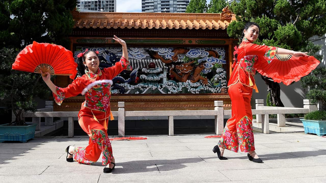 Chinese dancers perform during the Sydney Lunar Festival Media Launch at the Chinese Garden of Friendship, Sydney, Tuesday, February 9, 2021.