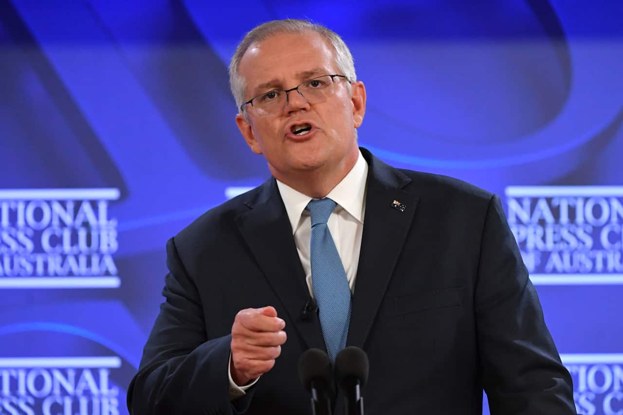 Prime Minister Scott Morrison at the National Press Club in Canberra, Tuesday, February 1, 2022. (AAP Image/Mick Tsikas) NO ARCHIVING