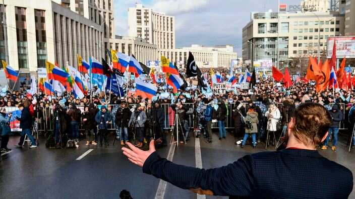 People attend an opposition rally in central Moscow on March 10, 2019, to demand internet freedom in Russia.