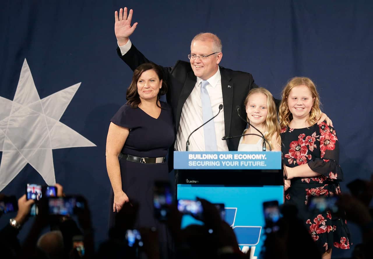 Scott Morrison speaks to supporters on election night, 2019 