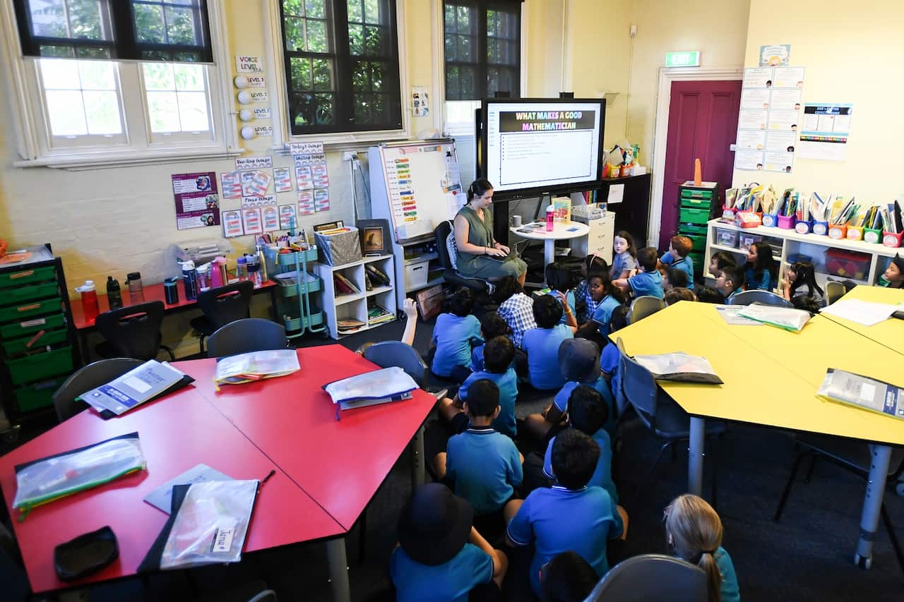 Students are seen in a class at Carlton Gardens Primary school in Melbourne, Thursday, February 18, 2021. 