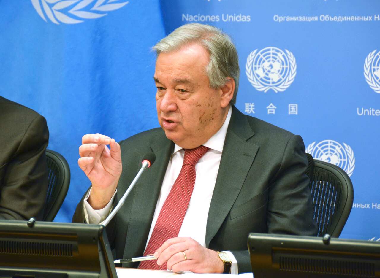 U.N. Secretary General Antonio Guterres speaks at a press conference at the U.N. headquarters in New York on Feb. 4, 2020. (Kyodo via AP Images) ==Kyodo