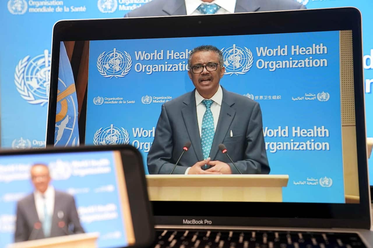 WHO Director-General Tedros Adhanom Ghebreyesus at the World Health Assembly via video conference
