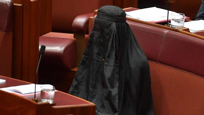 Pauline Hanson wearing the burqa in parliament (AAP)