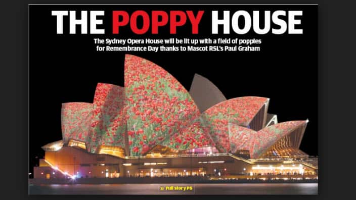 Southern Courier's exclusive front page of The Poppy House with story on Mascot RSL Sub-Branch president Paul Graham's idea to project poppies on the Opera House to raise awareness of Remembrance Day. Artwork: Mark Nulty