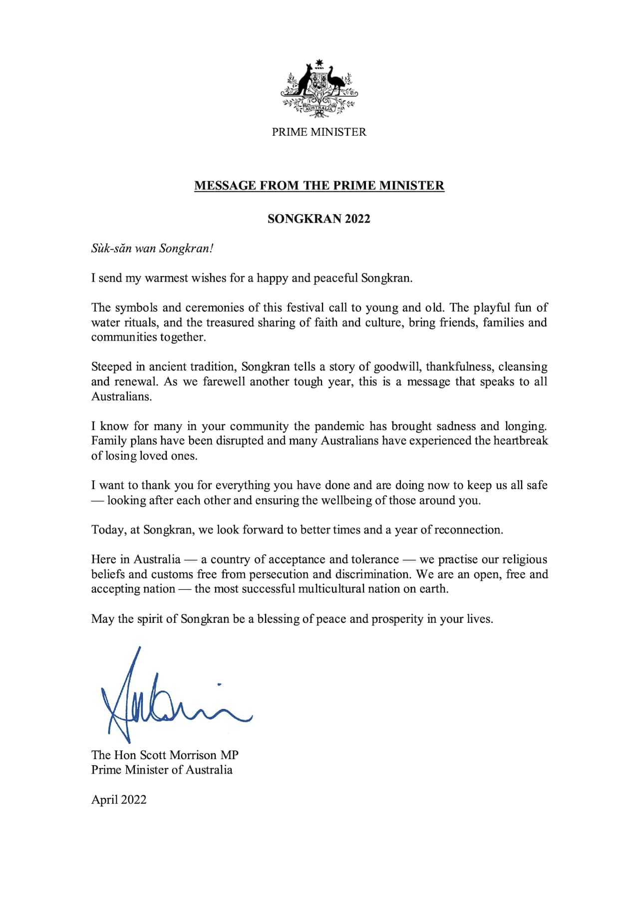 Prime Minister - Message - Thai New Year Songkran 2022