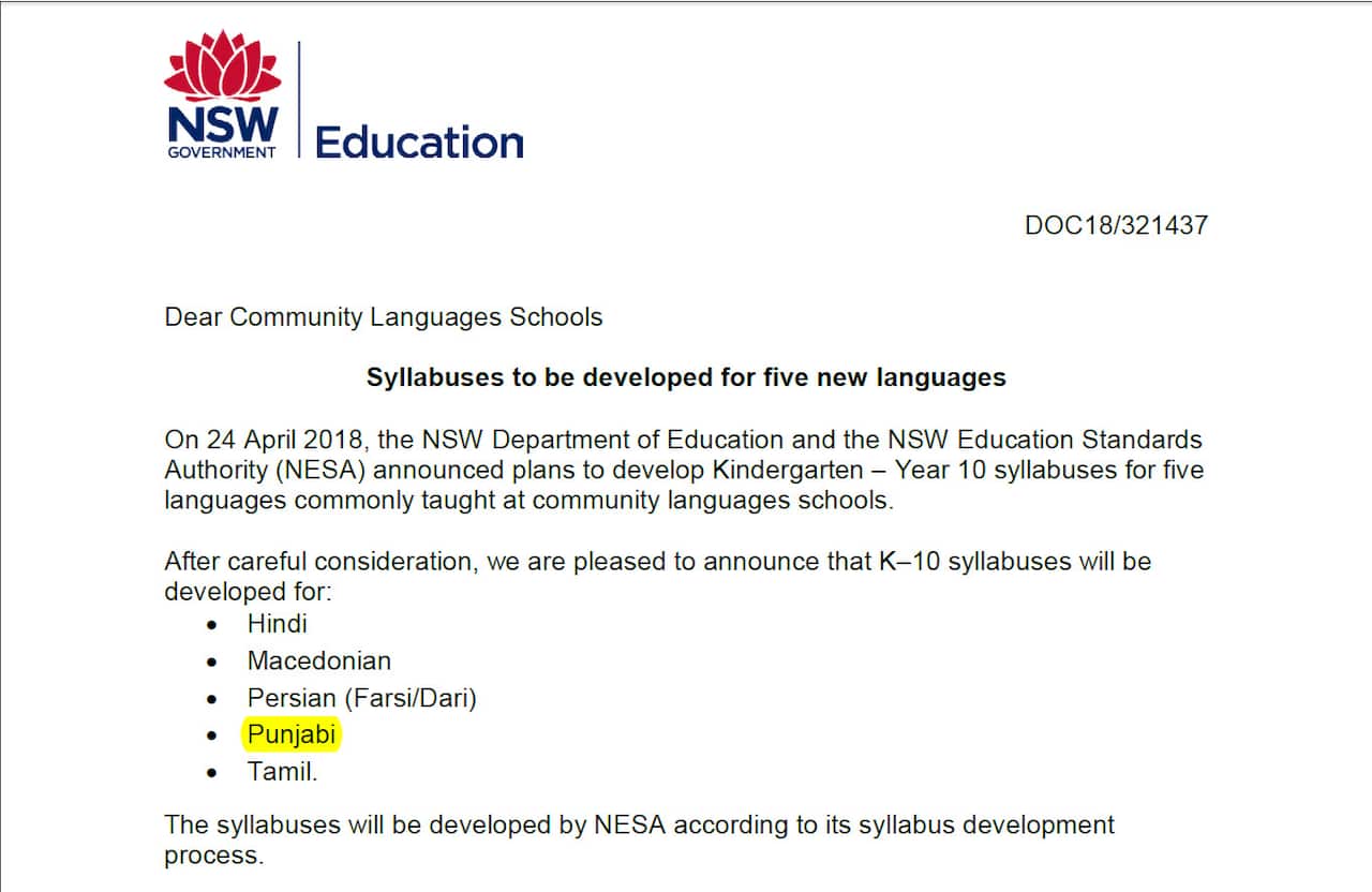 Syllabus would be developed to teach Punjabi in NSW public schools