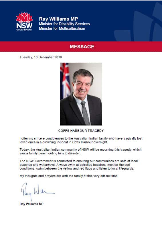 Message from Ray Williams Minister for Multiculturalism