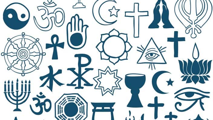 Graphic symbols of different religions on white