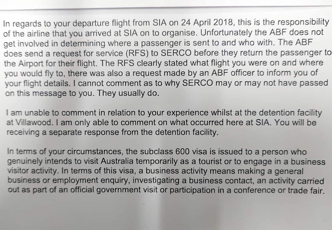 Carta Australian Border Control a María