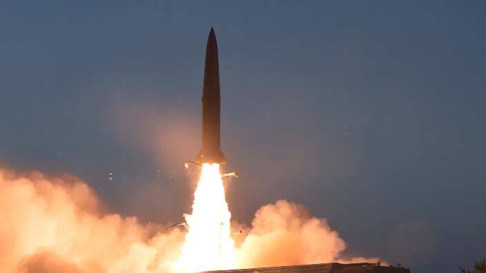 A photo released by the official North Korean Central News Agency (KCNA) on 26 July 2019 shows the launch of a new-type tactical guided weapon that was overseen by Kim Jong-Un