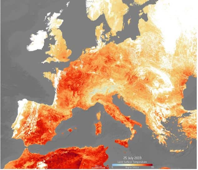 A handout photo made available by the European Space Agency shows a map of an extreme heatwave that hit Europe on 25 July 2019.