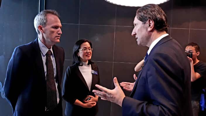 David Coleman, Minister of Immigration, Citizenship and Multicultural Affairs with Liberal candidate for the Federal seat of Chisholm Gladys Lew and President of Greek Community of Melbourne and Victoria
