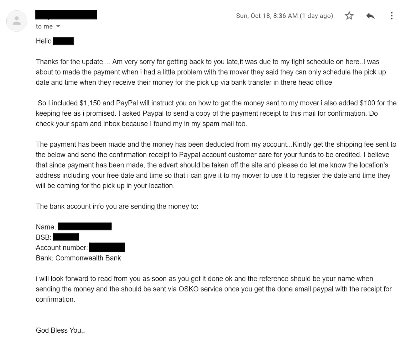 Screenshot of interaction with the scammer via email.