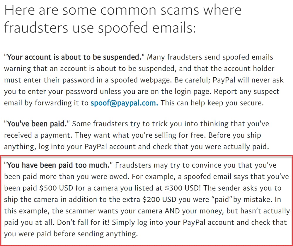 Screen-grab from Paypal's website explaining the premise of the "You've been paid too much" type scam.