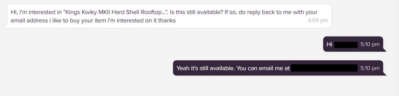 Screenshot of interaction with the scammer on the popular trading website Gumtree.