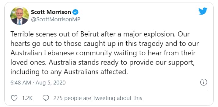 Scott Morrison's twitter massage on Lebanon attack