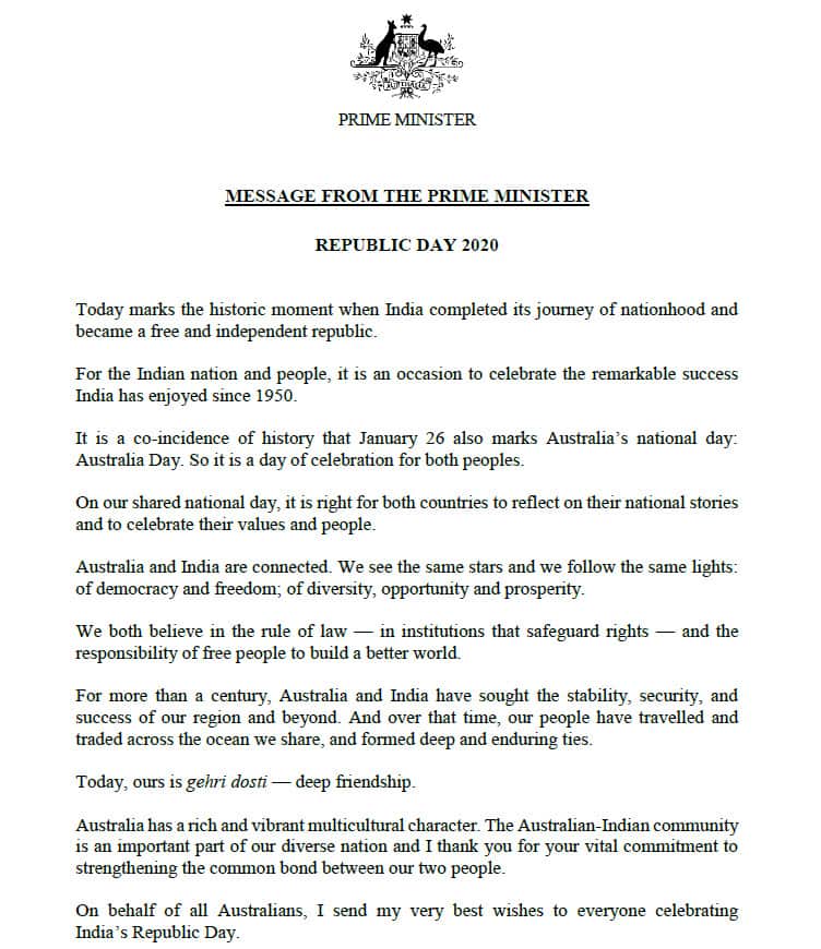 Prime Minister Scott Morrison wishes India Republic Day