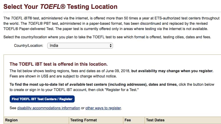 Location search for TOFEL test shows only TOFEL iBT is available in India