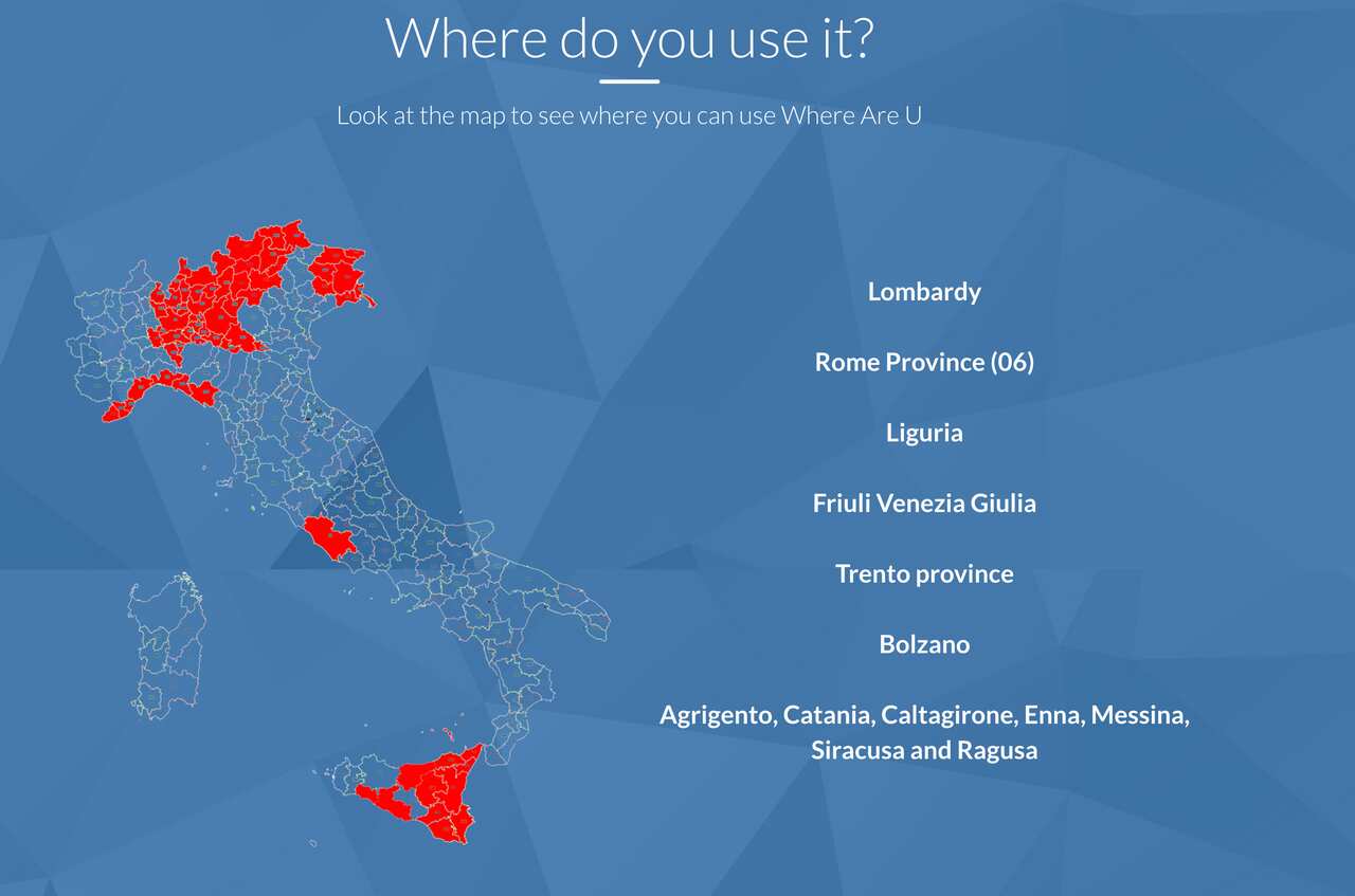 Una mappa di dove la app 112 Where Are You è disponibile in Italia. 